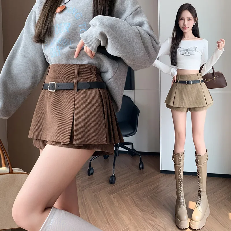 Khaki A- Line Boots Shorts Women's Autumn/Winter 2024 New Style High-Waisted Corduroy Skort With Plenty Of Pleats