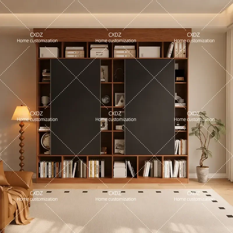 Oak Bookcase Full Wall Solid Wood Bookshelf Integrated Living Room Study Cabinet with Blackboard and Projection Deep Walnut