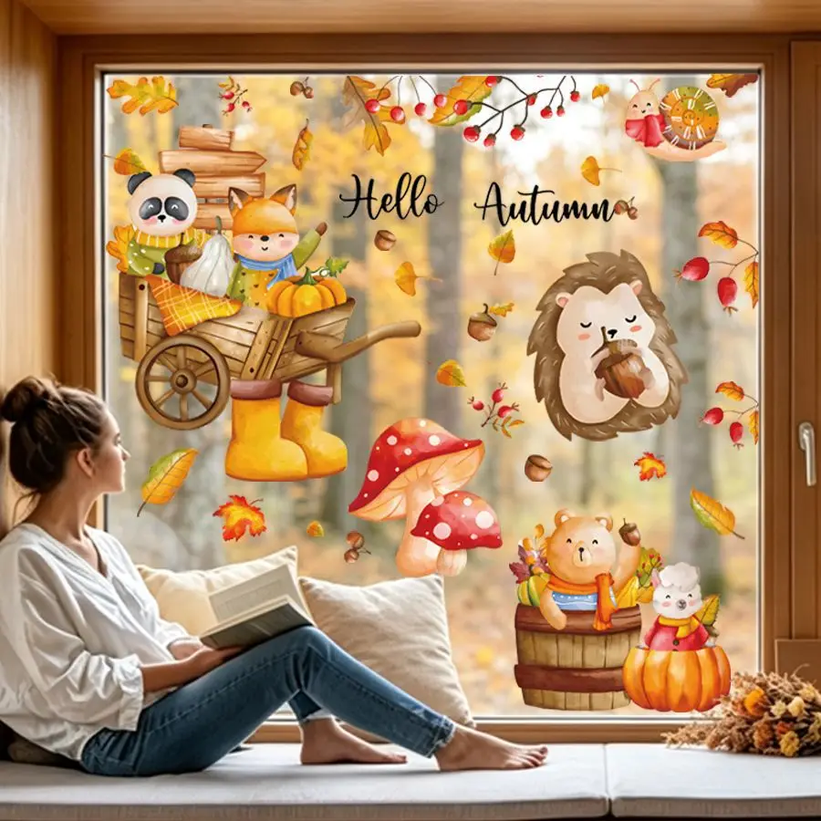 Warm Watercolor Autumn Animal Static Window Clings, Double‑Sided Same‑Color No‑Glue Fall Glass Sticker for Home Scene Decor