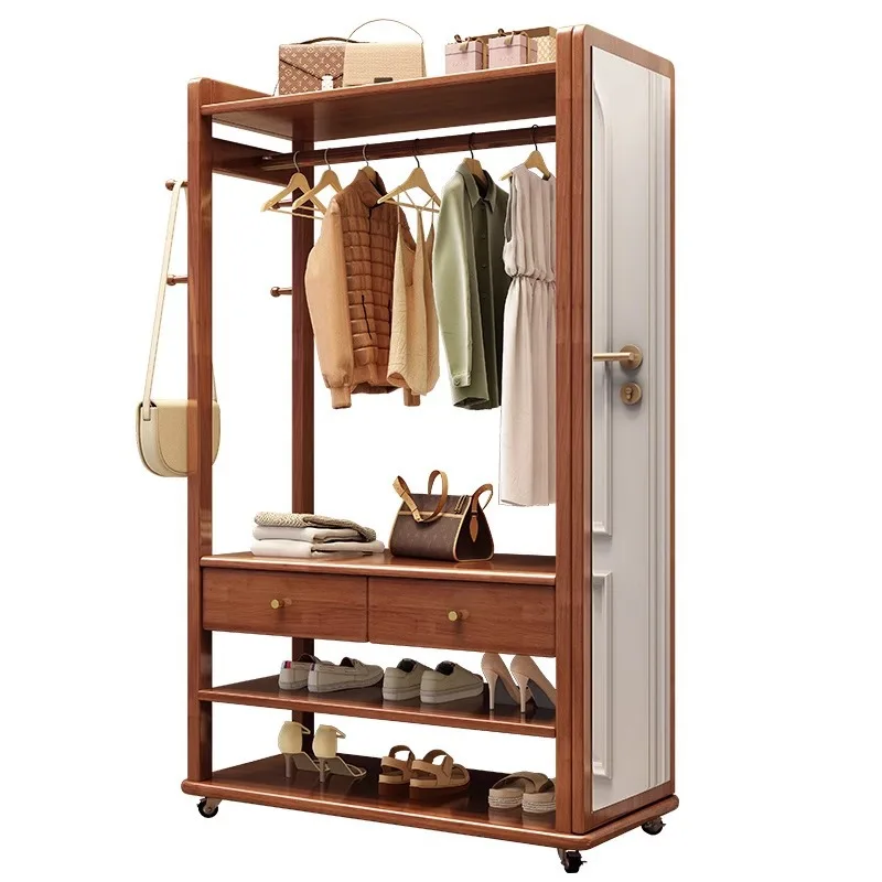 

Solid wood coat rack floor-to-ceiling full-length mirror integrated, simple household multi-function removable bedroom
