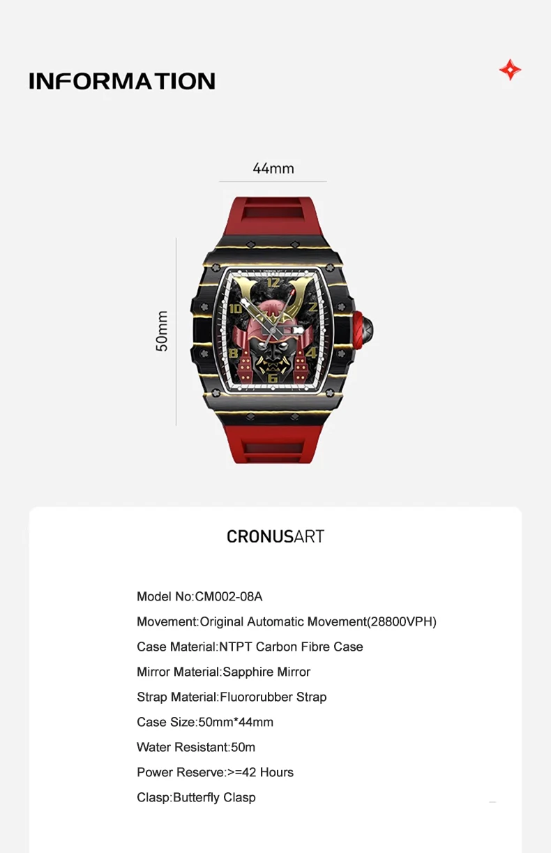 CRONUSART Men Automatic Watch Luxury Mechanical Wristwatch Carbon Fibre Tonneau Case Luminous Fluororubber Strap Bushido Dial