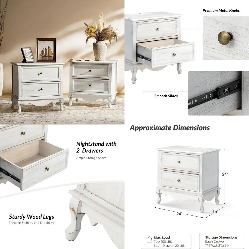 White Wooden Farmhouse Nightstands Pair with Charging Station and Dual Drawers Organizer