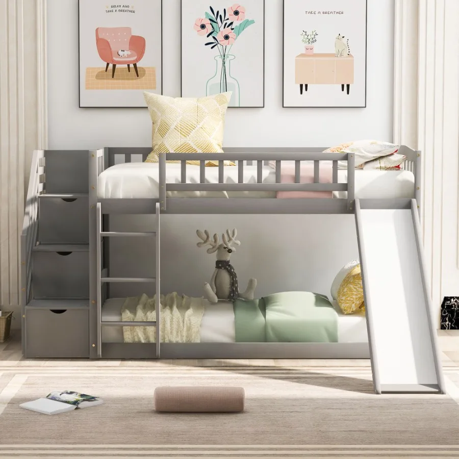 Stairway Twin over Twin Bunk Bed with Two Drawers and Slide Gray OLD SKU :LT000155AAE