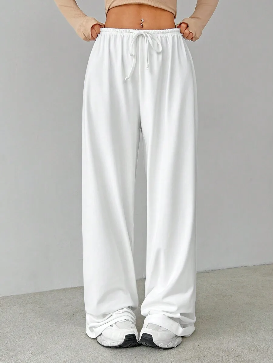 

White Knitted Loose Wide-Leg Pants with Drawstring Waist for Casual Wear