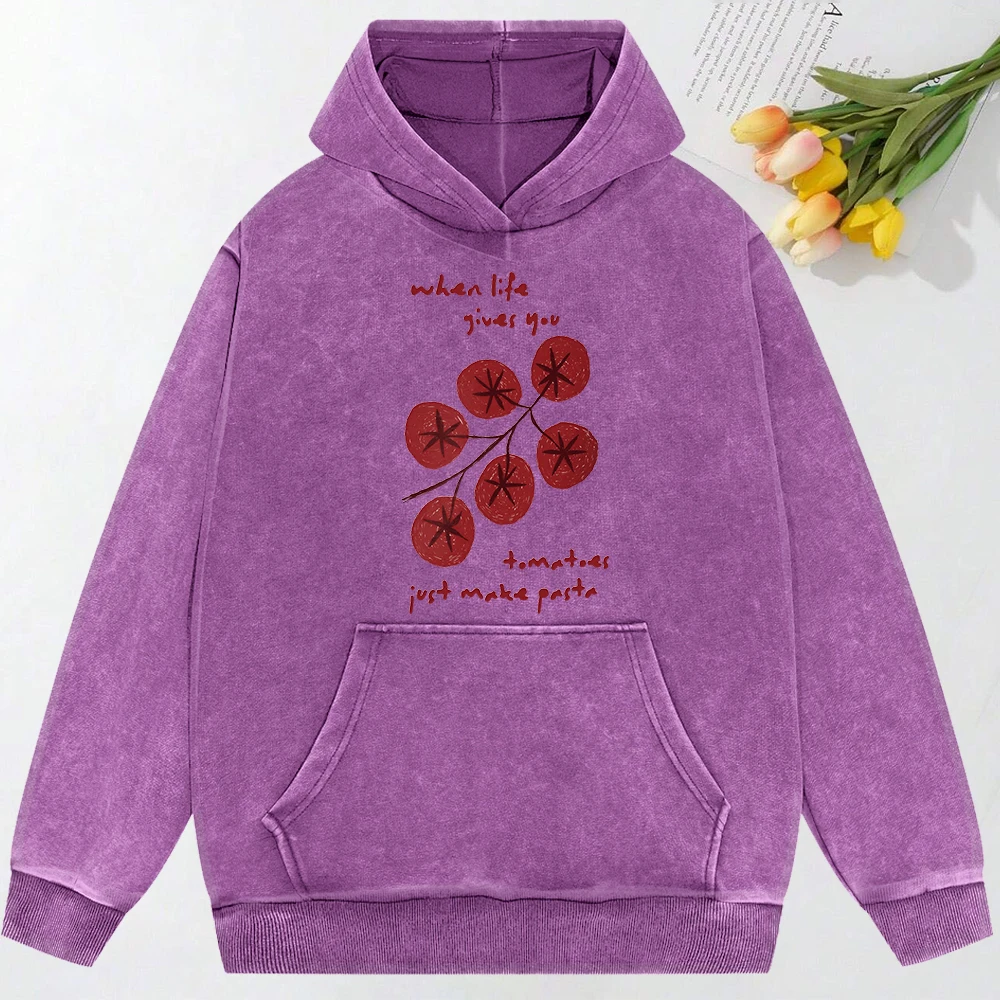 Cartoon Tomatoes Creative Print Female Washed Clothes All-Match Cotton Hoodies Pocket Loose Sweatshirt Casual Multicolor Hoody