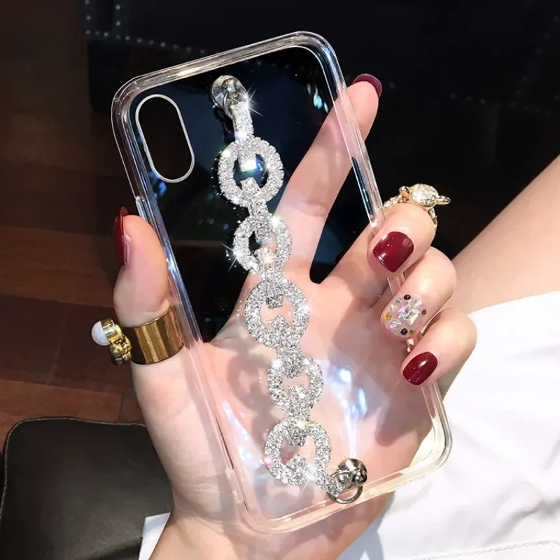 Soft Phone Case with Diamond Bing Bling Bracelet, Clear Back Cover, for iPhone16Pro 15Plus, 14, 11, 12, 13Pro Max, Luxury Brand