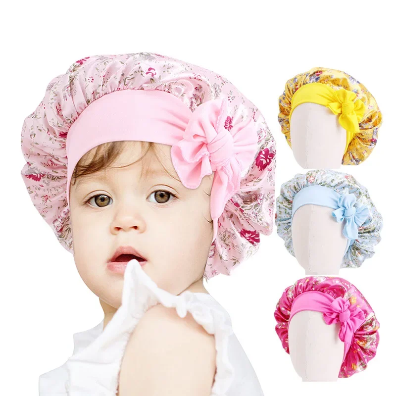 

Kids Satin Solid Color Sleeping Hat Night Sleep Baotou Cap Cute Bow Elastic Hair Care Bonnet Nightcap Bonnet Turban Headwear