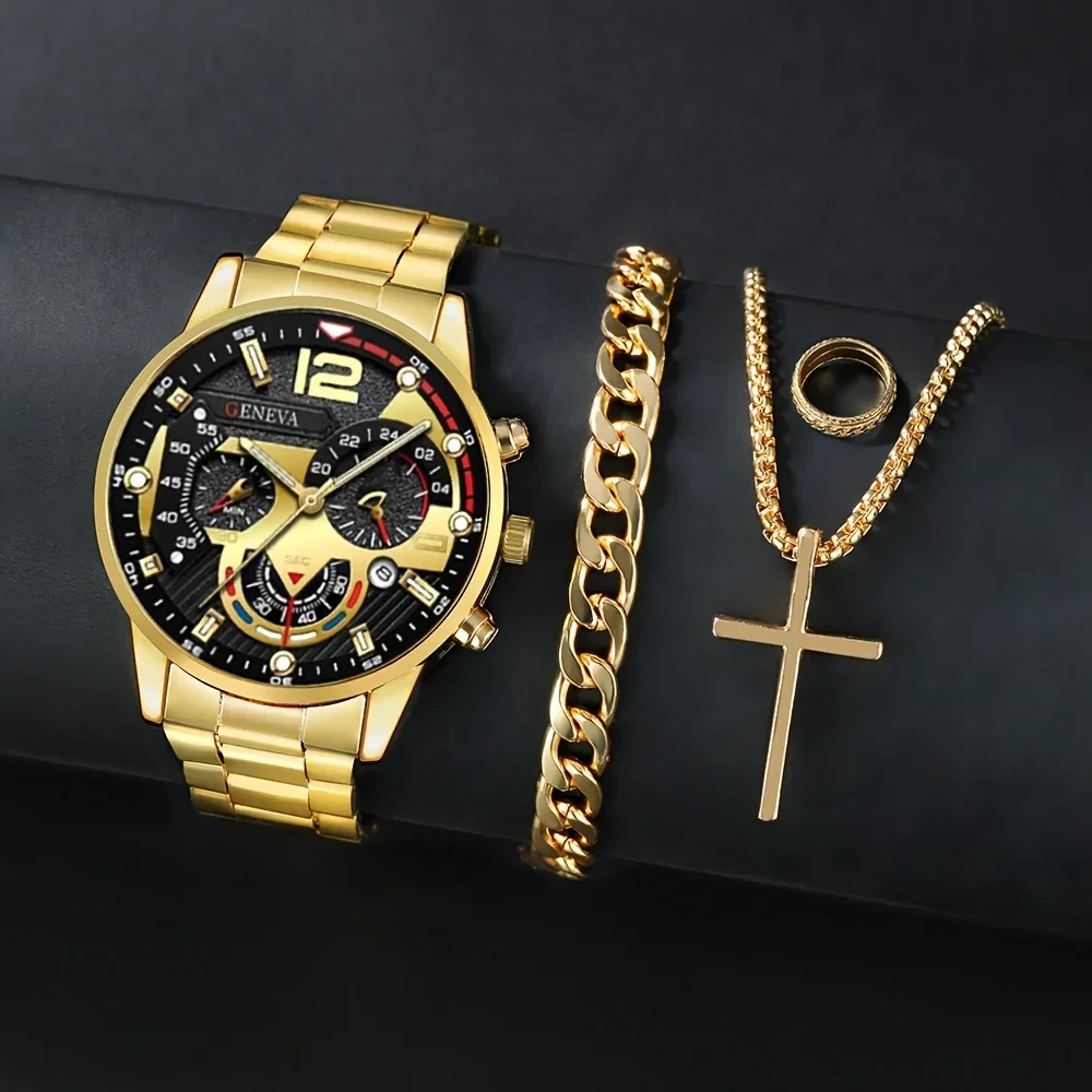 

Набор мужских кварцевых часов Женева с ожерельем и кольцом - комплект модных аксессуаров из 4 предметов, часы из сплава с круглым корпусом