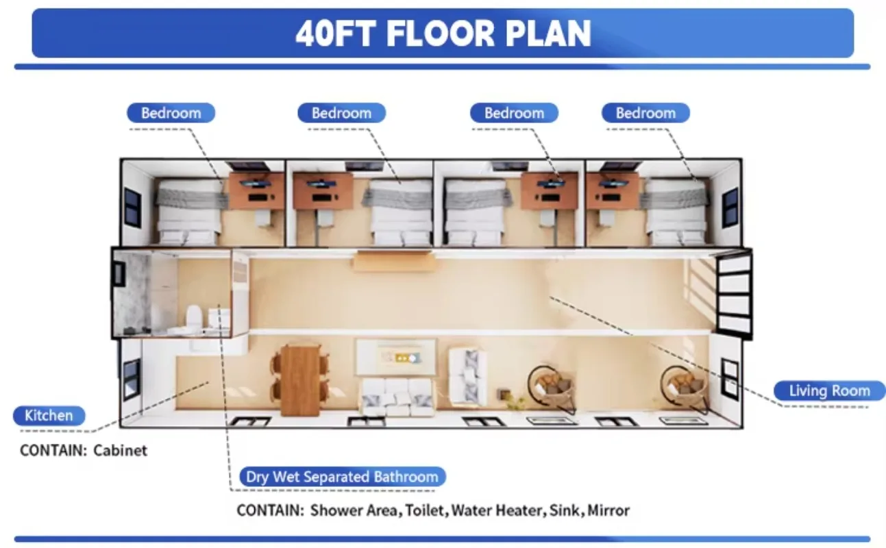 บ้านเคลื่อนที่ 40ft แบบพกพา Tiny House To Live in 2 ห้องนอน Modular Modern Home หรูหราสําเร็จรูปขยายได้คอนเทนเนอร์ House