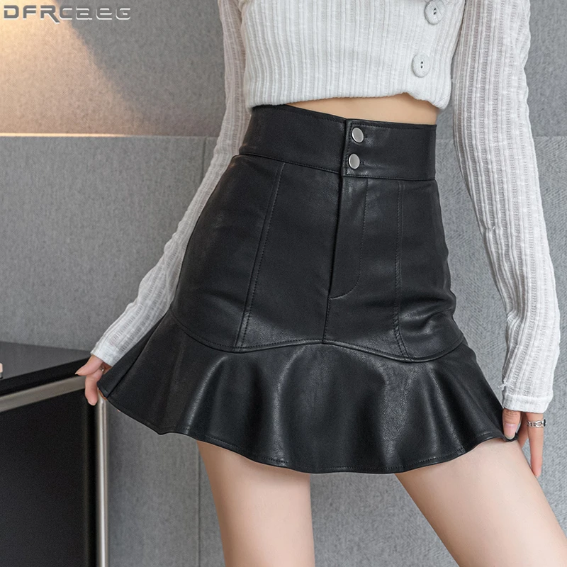 Vintage High Waist Mermaid Mini Skirts Women Korean Autumn Winter Streetwear PU Leather Skirt A-Line Bodycon Black Jupe Femme