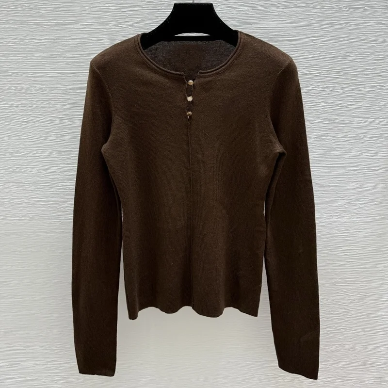 

High-quality women's three-button wool sweater with round neckline and thin fabric, long-sleeved pullover 25919165