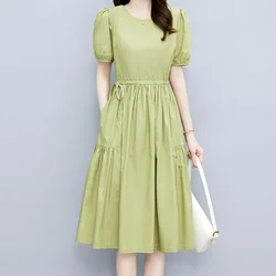 Elegant Ladies Pocket Solid Color A-line Skirt Summer Fashion Short Sleeve Women's Clothing 2024 New Temperament O-neck Dresses