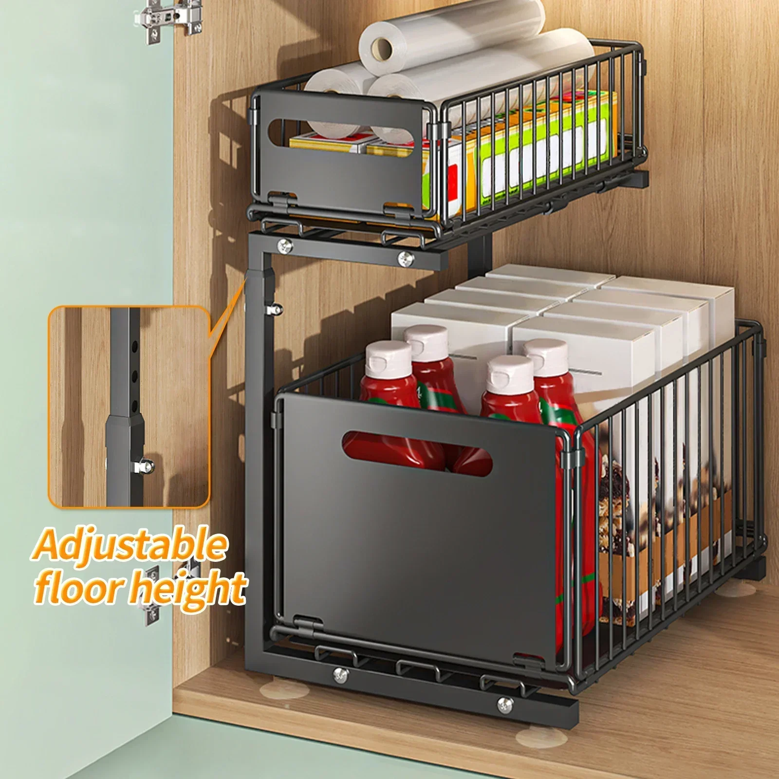 2 Tier Under Sink Storage Organizer,Ajustable Sliding Cabinet Storage Basket,Kitchen Storage Rack with suction cups,Pull out Cab