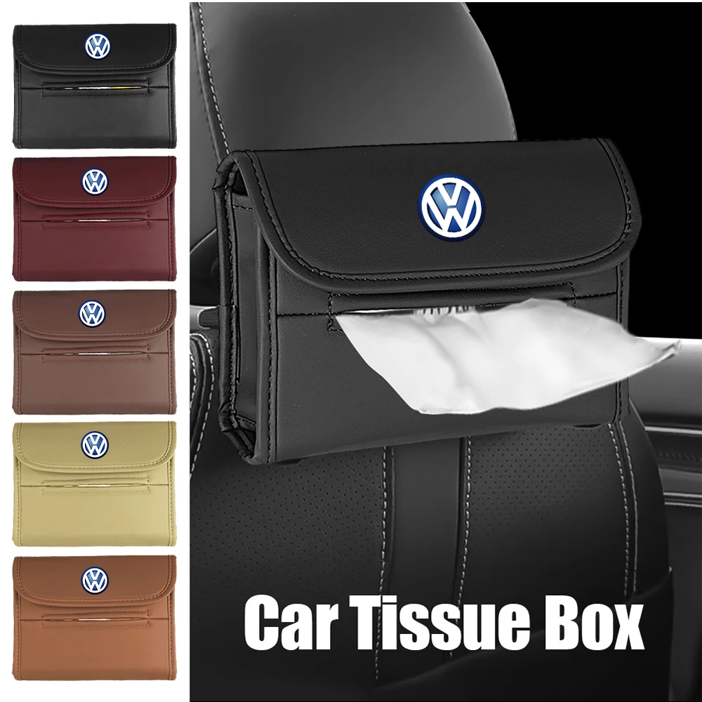 Car Tissue Box Sun Visor Seat Back Hanging Leather Storage Box Auto Accessories For Volkswagen R Line R32 Touareg Passat B6 B7