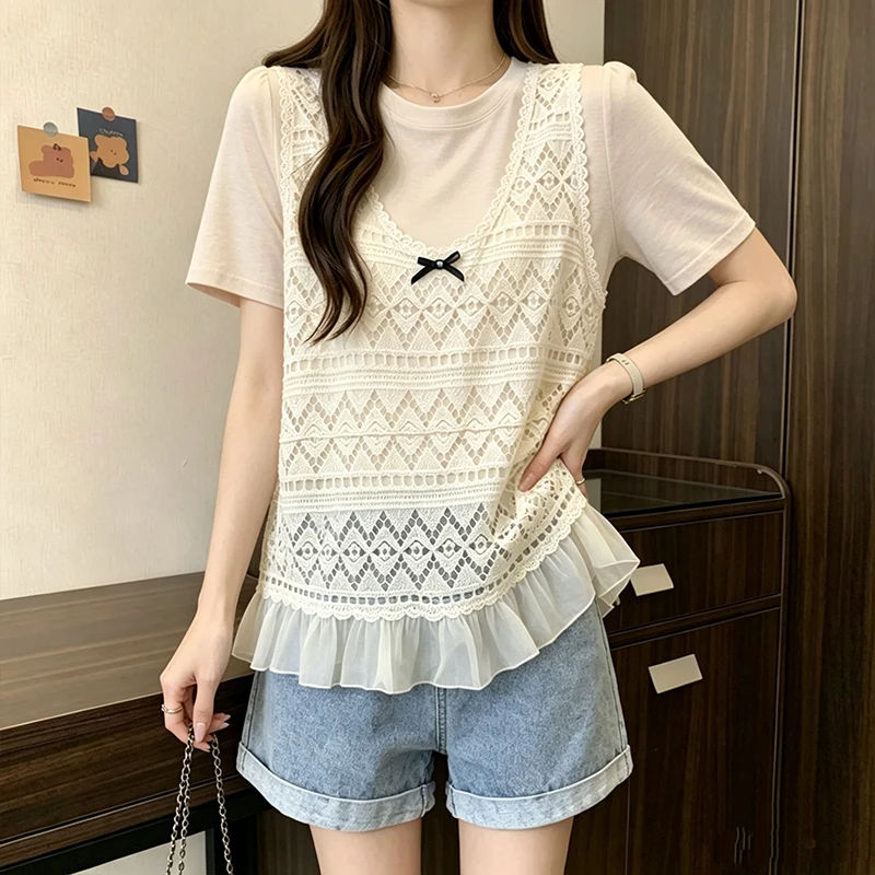 

Korean Style plus Size Women's Summer New V-neck Embroidered Hollow out Overhead Vest Top Long Sleeve Artistic Commute Style