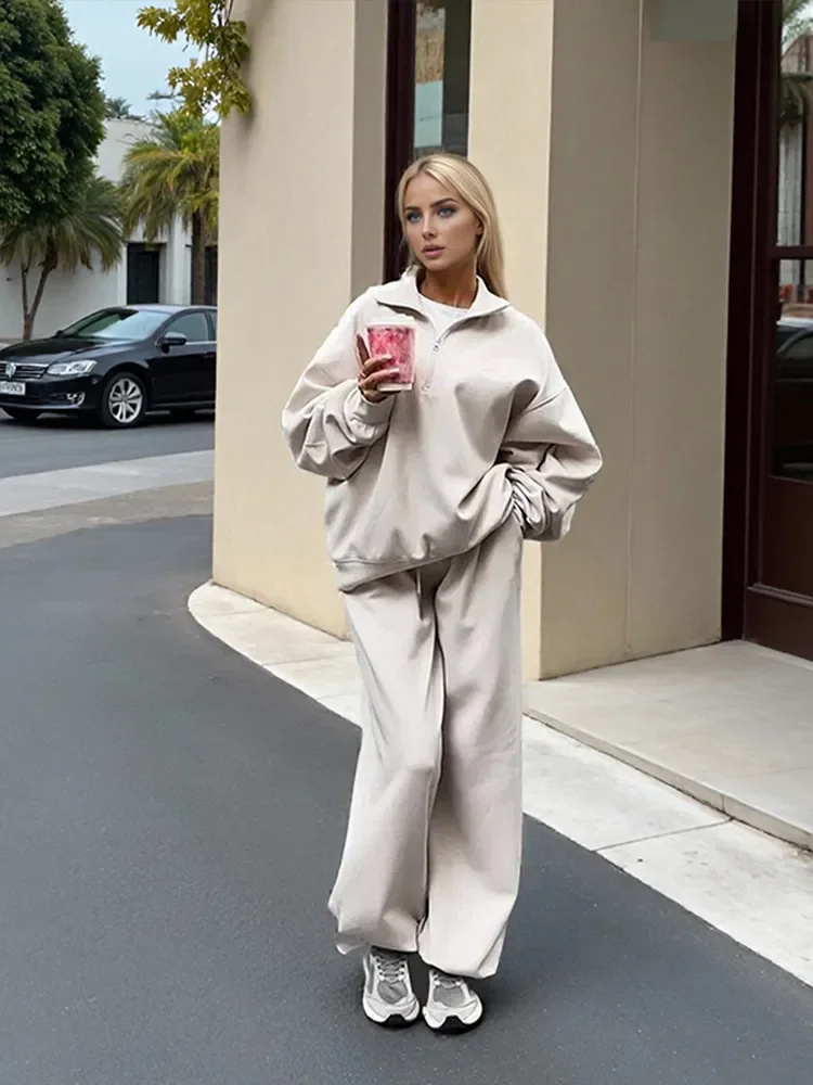 المرأة عادية الصلبة التلبيب الأعلى بدل رجالي موضة سحاب أكمام طويلة فضفاض البلوز الرباط السراويل سيدة 2025 ملابس رياضية جديد #3