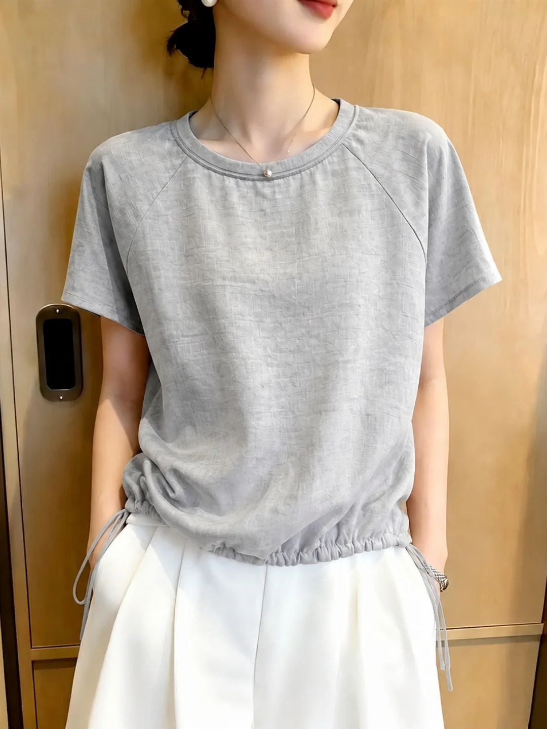 Lazy Style round Neck Short Sleeve T-Shirt Drawstring Waist Design Versatile Loose Fit Summer 2026 Women's Fashion Silk Top
