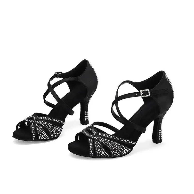 

Обувь для латинских танцев, женская обувь для сальсы, танго, бальных вечеринок, спортивная женская обувь черного цвета со стразами, летние сандалии