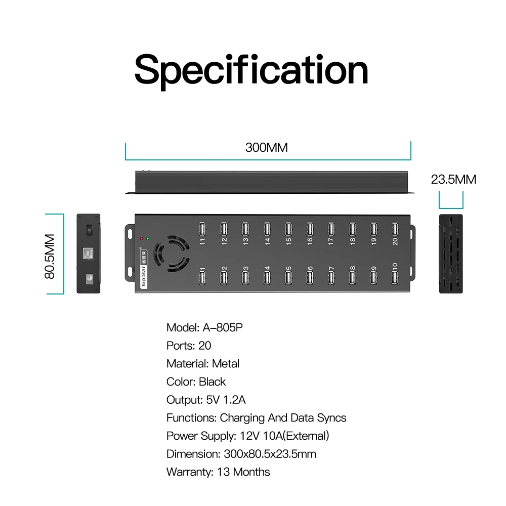 Sipolar A-805P 20 port industrial USB 2.0 hub USB charger Output 1200mA charging for phone tablets iPad  repair and restore