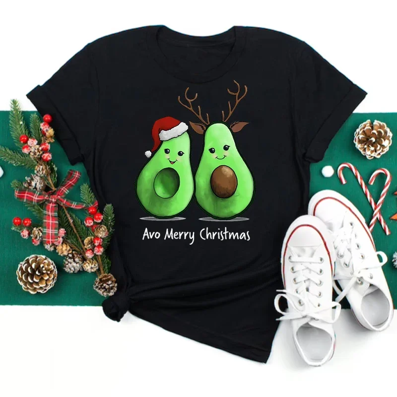 T Shirt New Xmas Tops Female Cartoon Cute Avocado Graphic Print Short Sleeve Casual O-neck Black Clothes