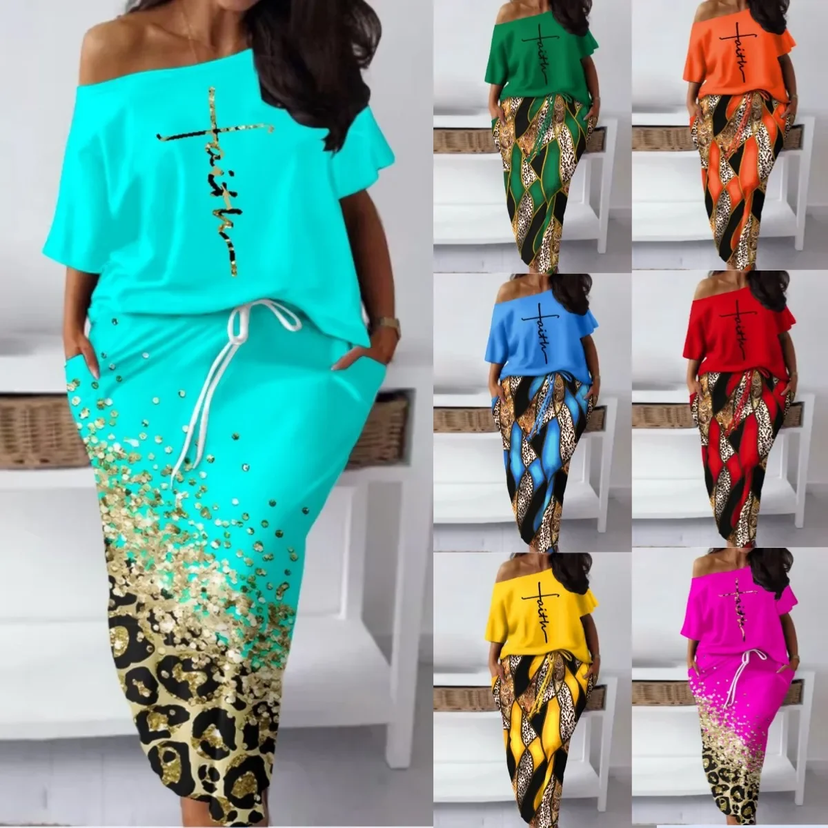 2023 Summer Elegant African Women Half Sleeve Polyester Printing 2pieces Top Long Skirt Matching Sets African Clothes Women