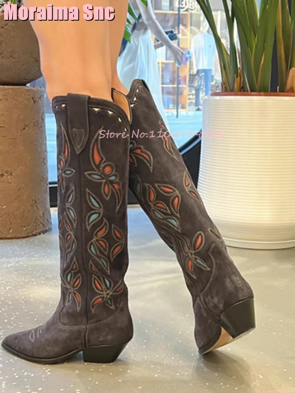 Embroidery Mixed Colors Knee High Western Boots Block Heeled Pointed Toe Slip On Fashion Autumn Winter Women Long Boots 2024 New