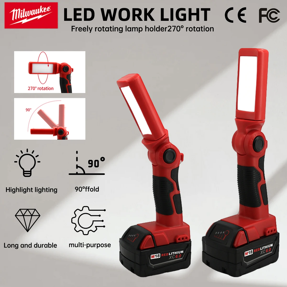 Milwaukee 20V Lithium Battery LED Work Light Super Bright 270° Rotating  Work Light Portable Flashlight Spotlight For Lamp