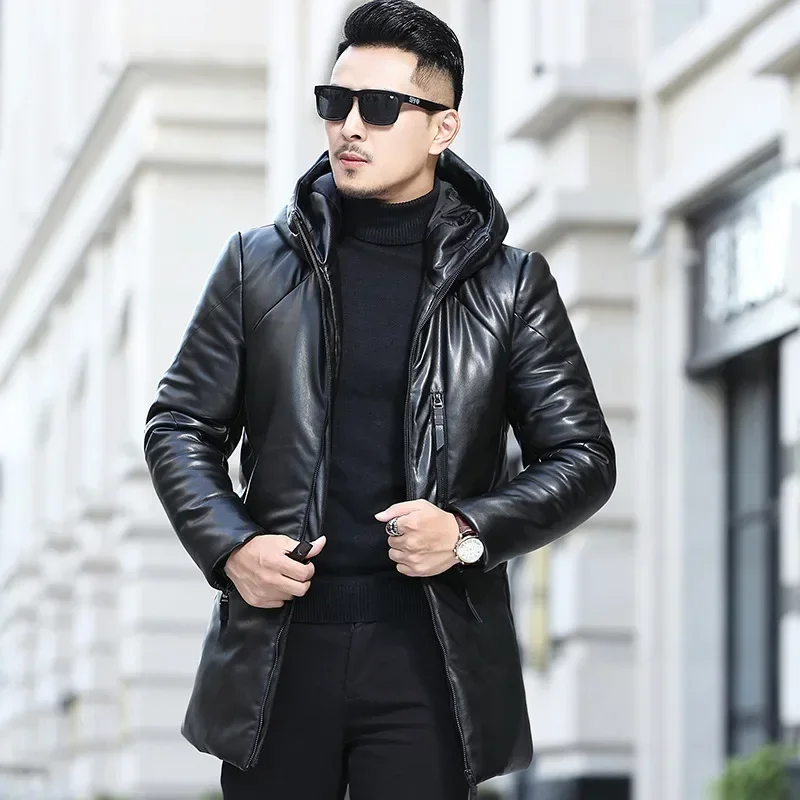 Winter Leather Down Jacket Man Mid To Long Korean Slim Fit Youth Hooded Leather Windbreaker Casual Overcoat Puffer Jacket Men