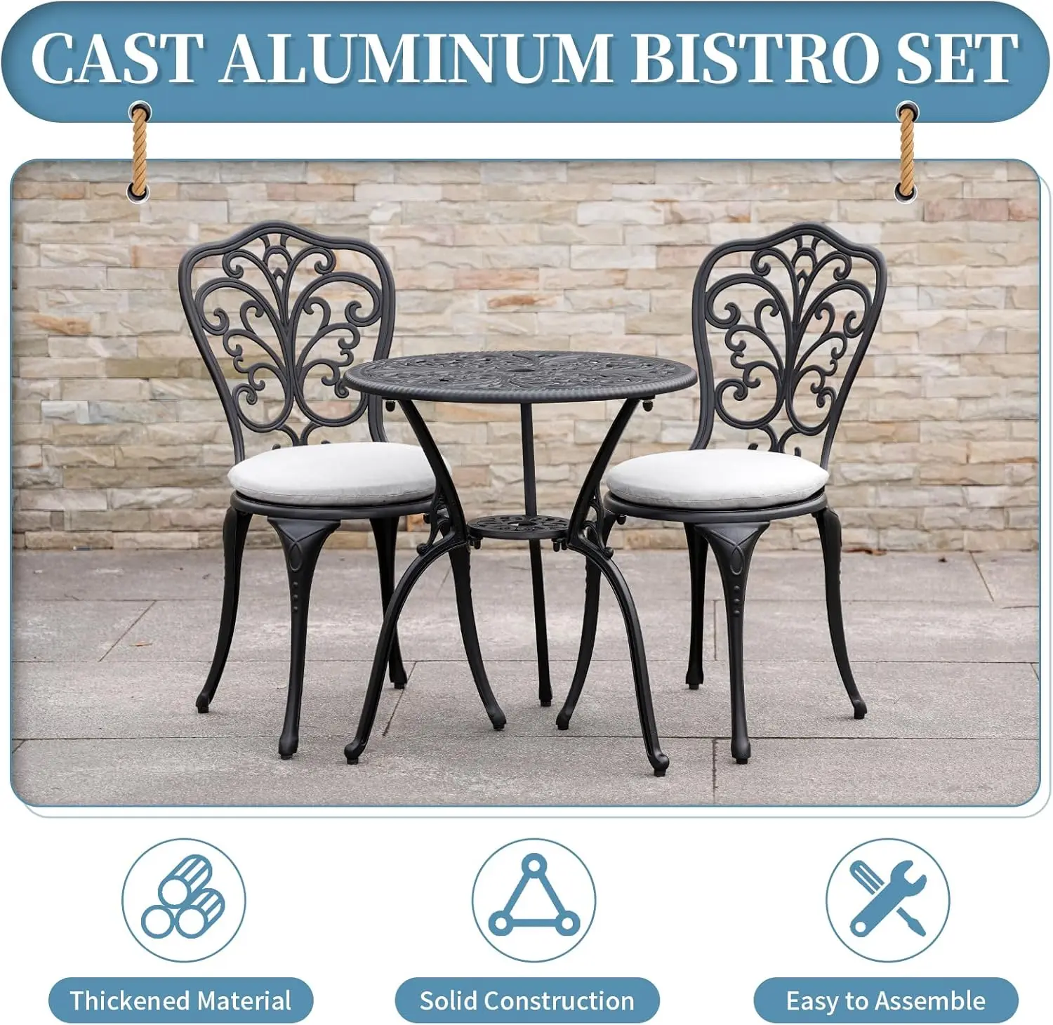 3 Delige Bistro Patio Set Gegoten Aluminium Bistro Tafel & Stoelen Set Van 2 Met Kussen, Met Paraplu Gat, Metalen Patio Meubelen Set