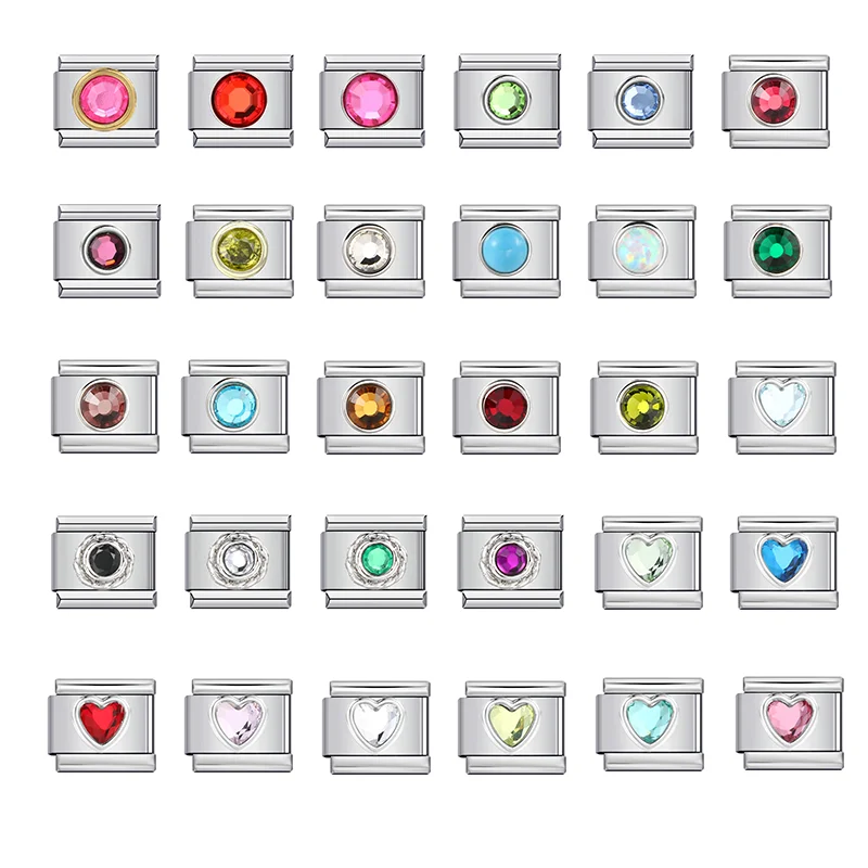 Single Colorful Round Heart Zircon Italian Charm Bracelet Stainless Steel Elastic Link Chain Fashion Jewelry DIY Making Beads