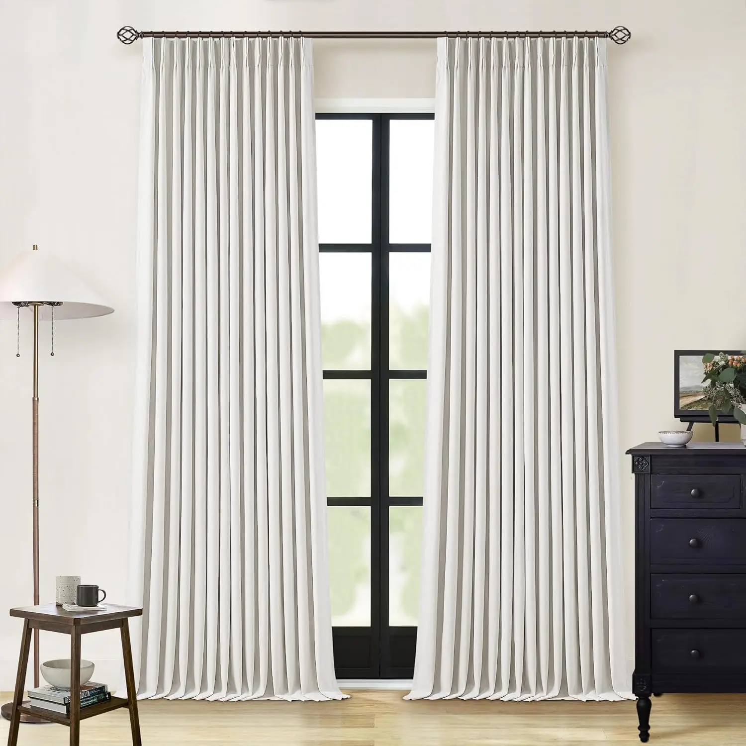 Beige White Pinch Pleated Full Blackout Curtains 2 Panels Set Linen Room Darkening 100% Black Out Window Curtains 96 Inch For