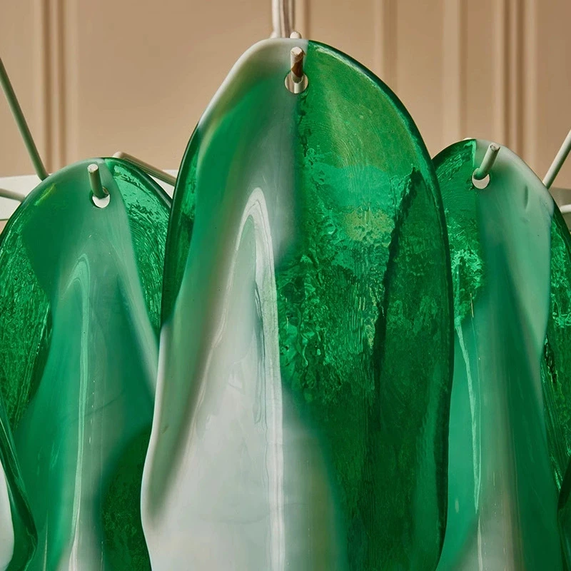 ثريا زجاجية كريستالية فاخرة وحديثة مع تصميم بتلات وردي وأخضر لغرفة المعيشة والمطبخ وغرفة النوم معلقة على السقف P