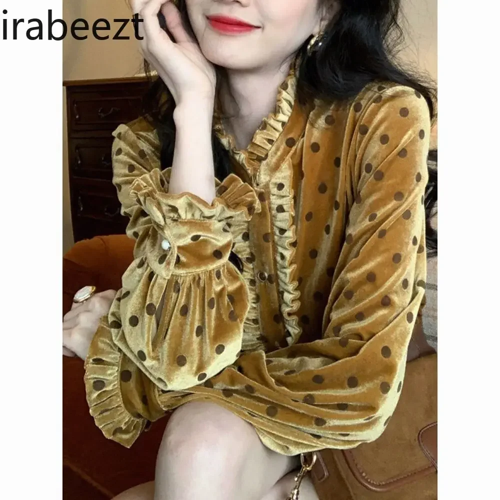 Fashionable Age-reducing Canary Polka Dot Shirt Female Autumn and Winter New Temperament Horn Sleeve Women Blouses