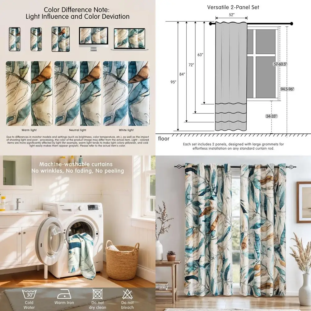

Thermal Insulated Floral Blackout Curtains, 52x108, Boho Farmhouse Style, Blue for Living Room & Bedroom