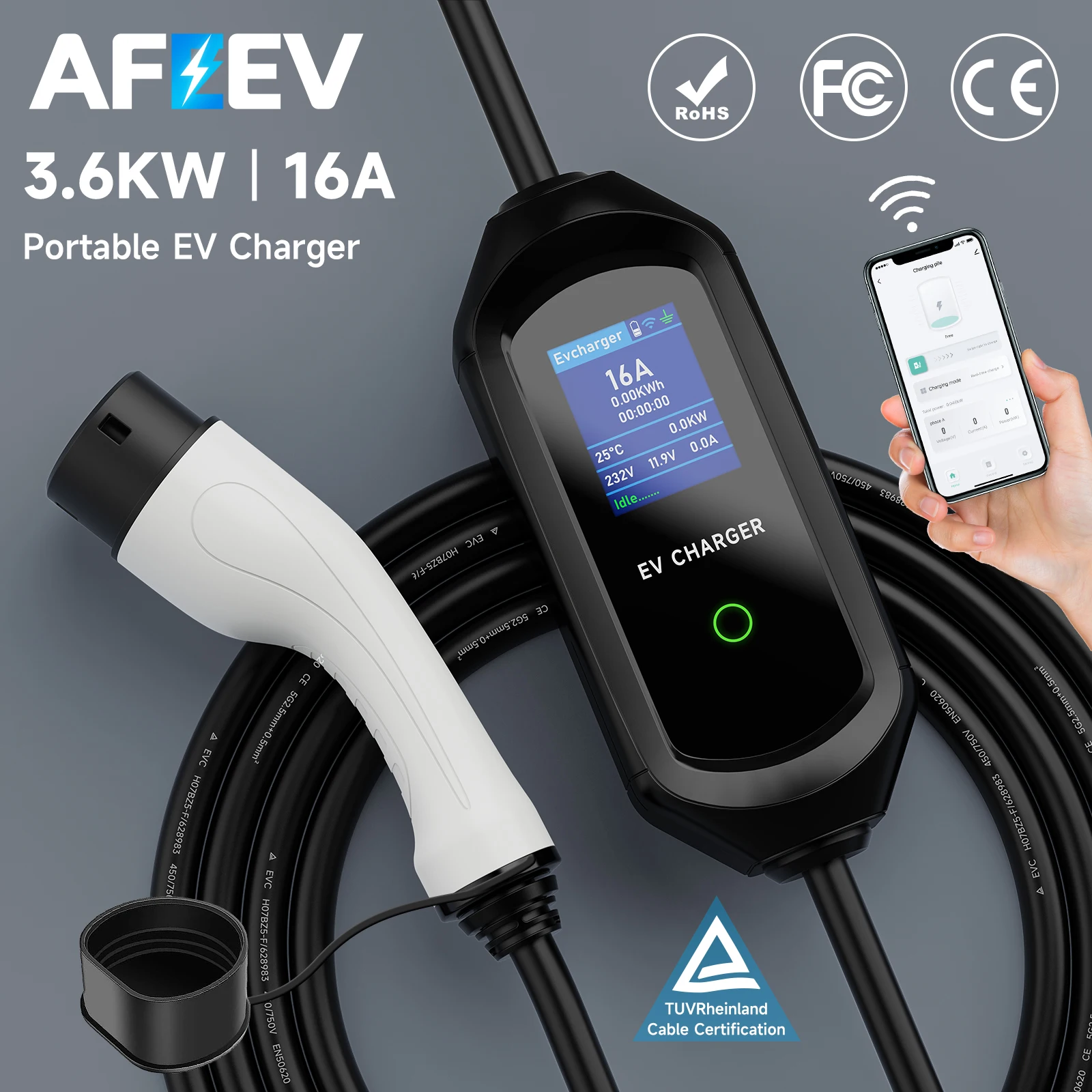 AFEEV Type2 3.6KW 16A Portable EVSE GB/T for Electric Car 1Phase Type1 SAE J1772 Wallbox Electric Vehicle Charging Station