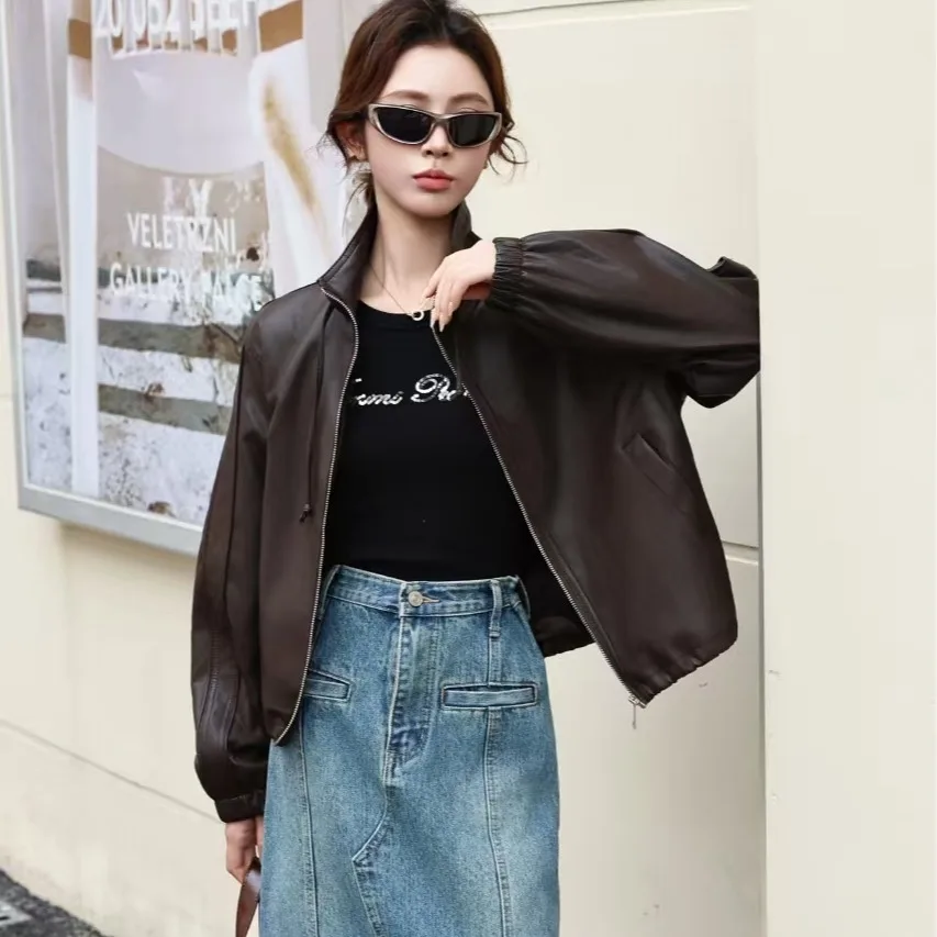 عارضة الوقوف طوق الرباط بو الجلود Jaet المرأة ملابس خارجية الراقية الأوروبية Sle الخريف الشتاء Faion تخفيف الرياح