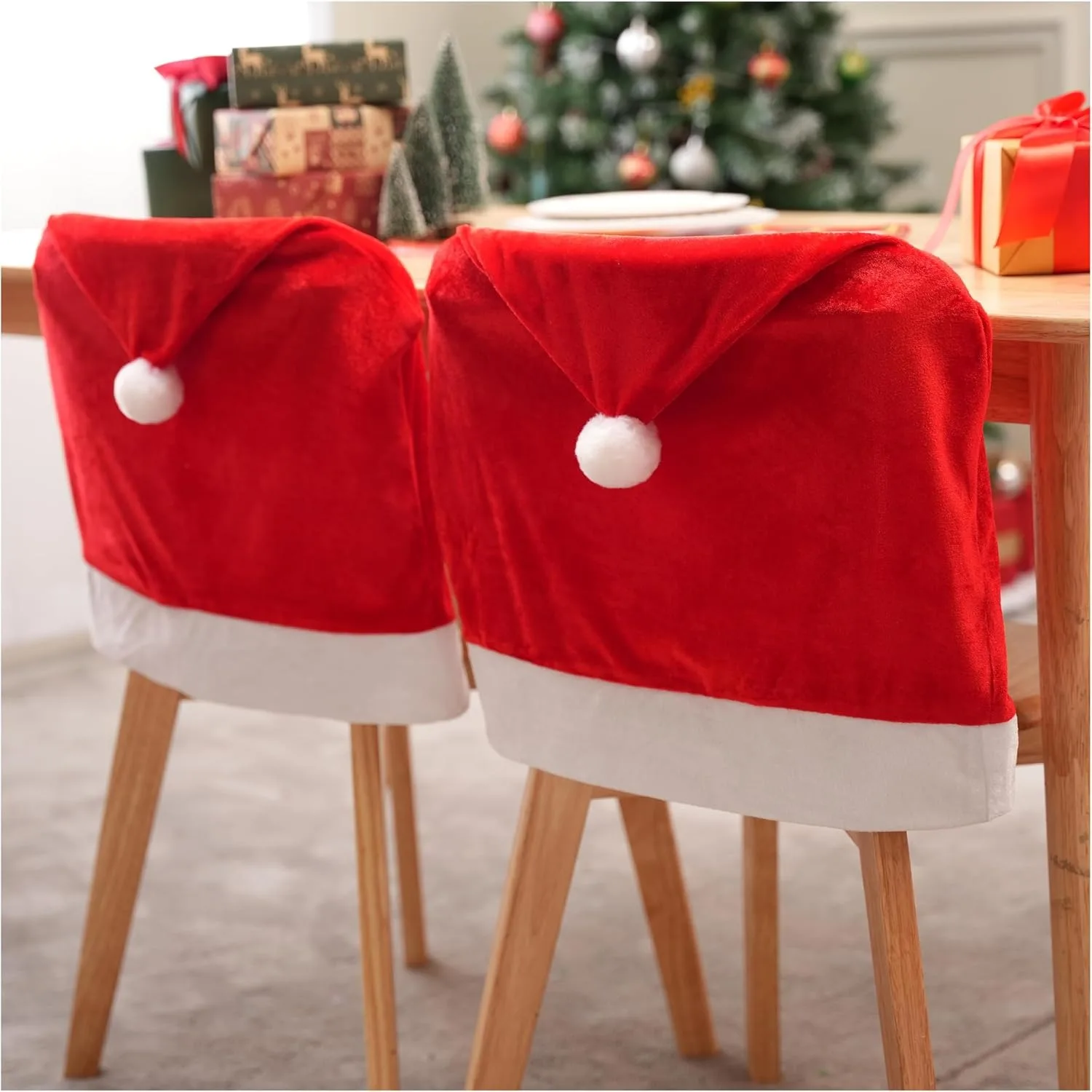 4 Pcs Christmas Chair Cover Party Packs Red Santa Hat Chair Slipcovers for Christmas Holiday Festival Decoration Santa Claus Chair Back Covers Xmas Indoor Decor Ornaments Set view 2