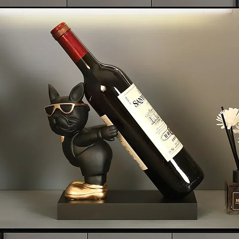 Dog Figurines Red Wine Rack Home Interior Decoration Accessories French Bulldog Statue House Living Room Decor Table Ornaments