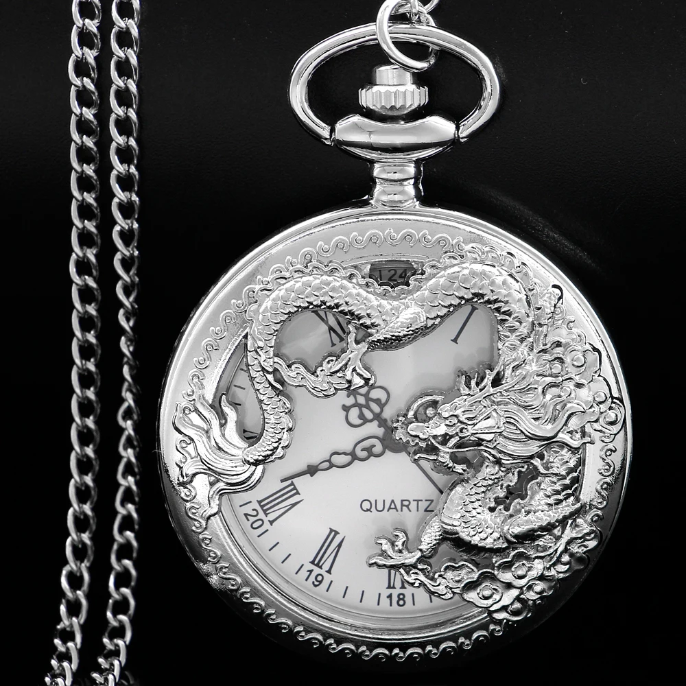 New Silver Flying Dragon Zodiac Dragon Quartz Pocket Watch Vintage Men's Necklace Pendant Clock Women's Jewelry Accessories Gift