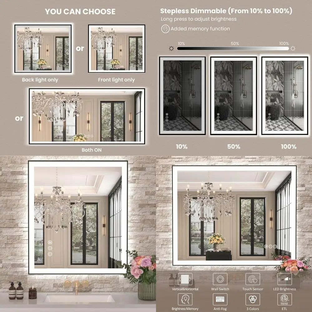 

Зеркало для ванной с LED-подсветкой, 28x32 дюйма, черная рама, передняя и задняя подсветка, регулировка яркости, защита от запотевания, ударопрочное, 3 цвета, функция памяти