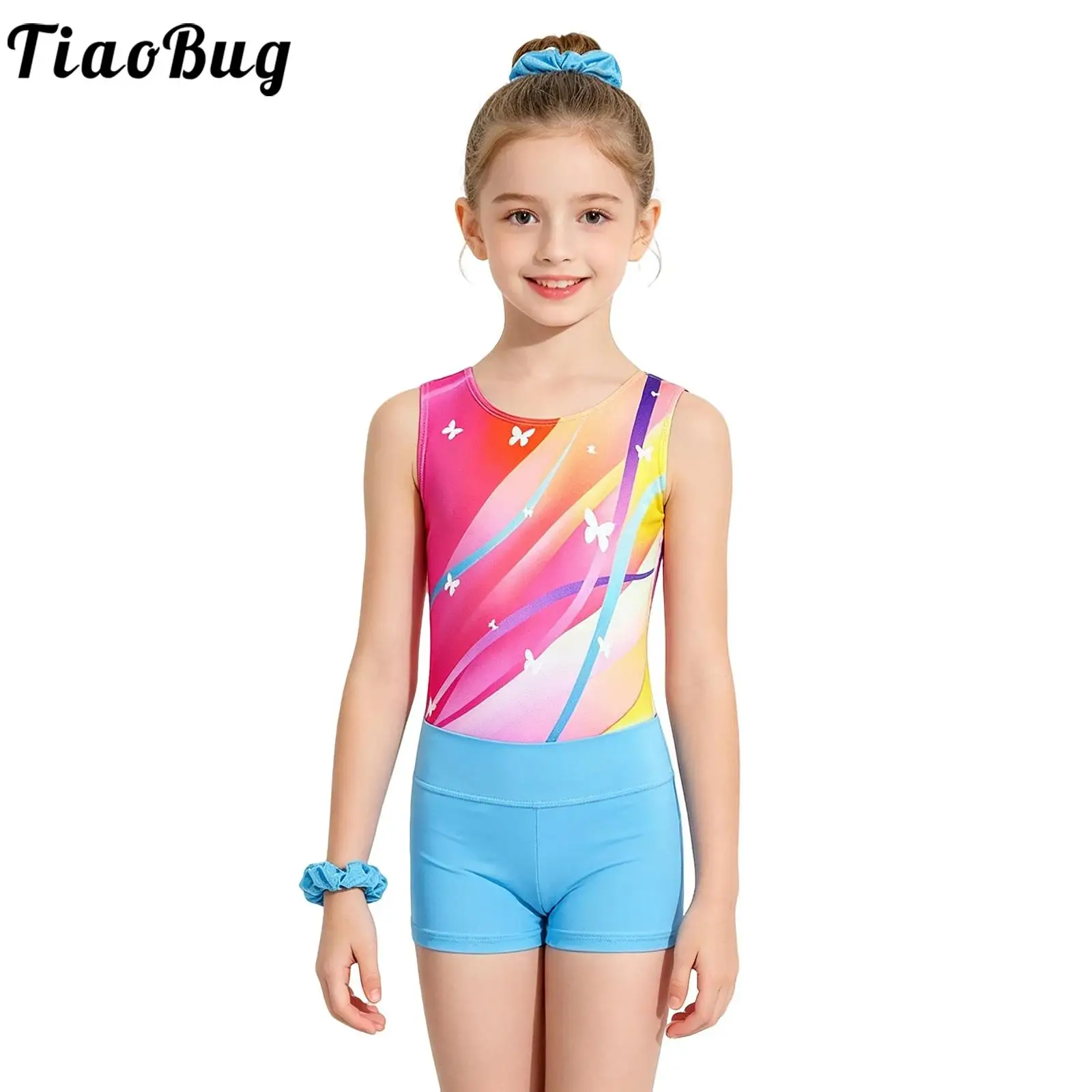 Kids Girls Ballet Dance Gymnastics Leotards Sleeveless Printed Unitards with Shorts Headband Yoga Workout Training Activewear