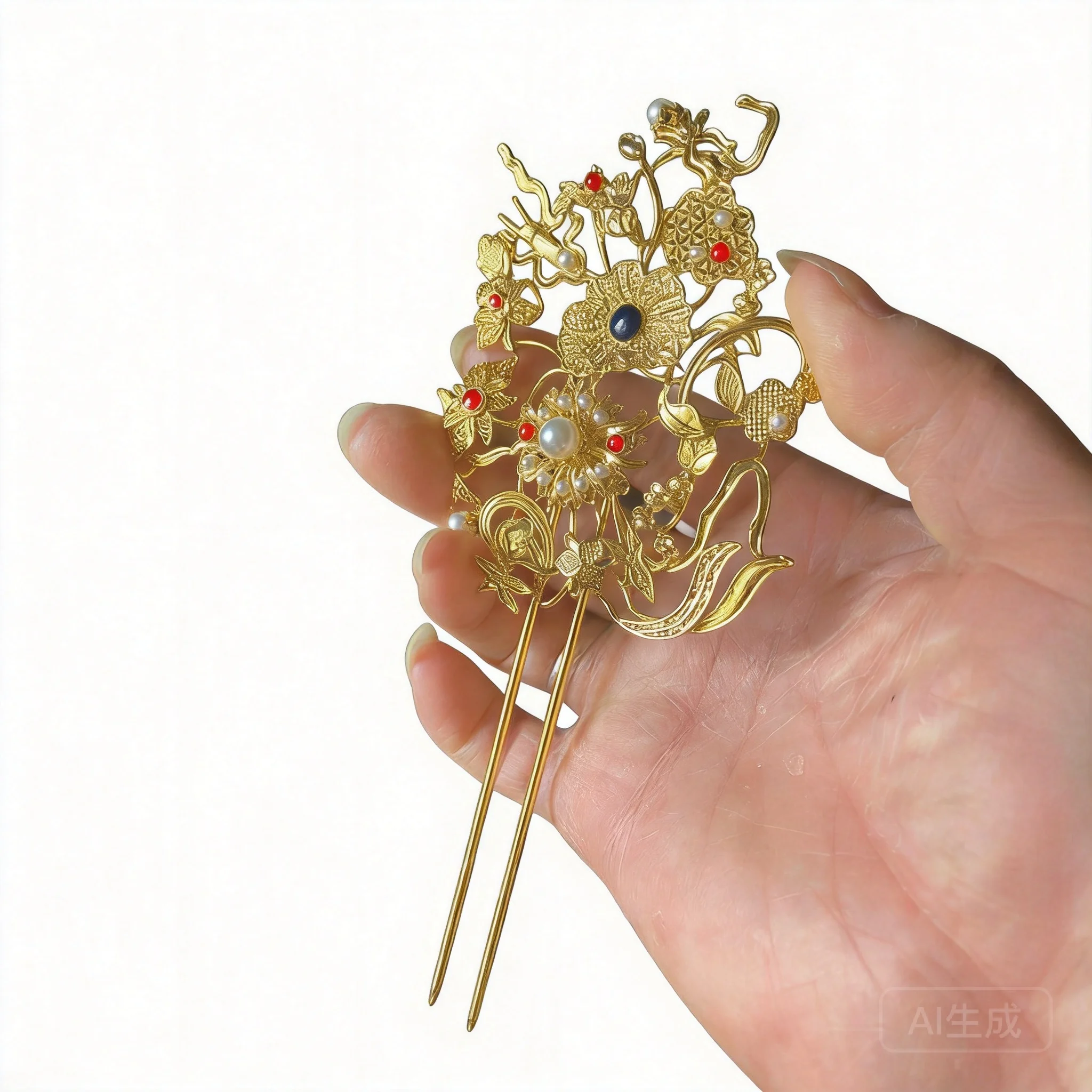 Chinese Traditional Auspicious Gold Plated Handmade Filigree Lotus Hair Stick Inlaid Faux Pearl Gem Good Luck Promotion Blessing