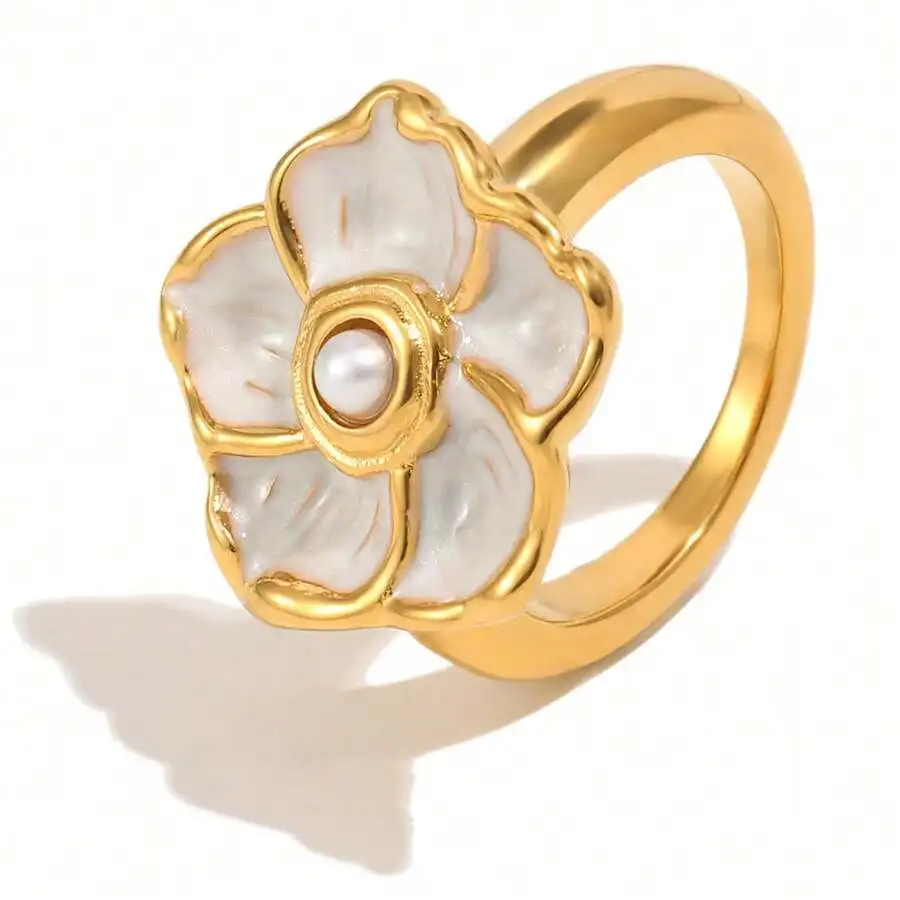 Vintage White Enamel Flower Pearl Ring For Women Stainless Steel Non Tarnish Waterproof Elegant French Style Daily Wear Jewelry