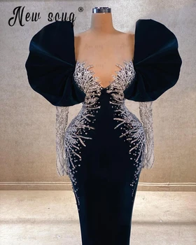 5 디자인 벨벳 수제 크리스탈 이브닝 드레스 저녁 식사 두바이 네이비 블루 긴 댄스 파티 드레스 공식 웨딩 파티 드레스 맞춤형