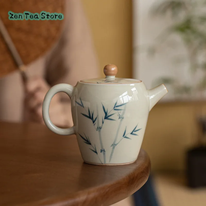 Ice Table Hand-painted Tea Filter Ceramic Single Pot Household Teapot Under Glaze Color Green Bamboo Hand Handle Pot Ball Hole