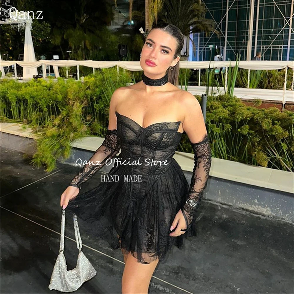 

Qanz Sexy Birthday Dresses Lace Black Short A Line Lcae Up Back Prom Dress Long Sleeves Sweetheart Robes De Cocktai Customized