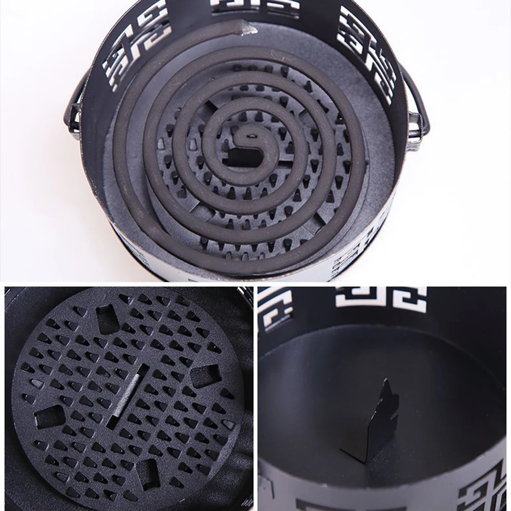 

1pc Classic Iron Incense Holder Fireproof Portable Coil Burner Hollow Design Handle Lid Home Decor Storage Box Bronze Color
