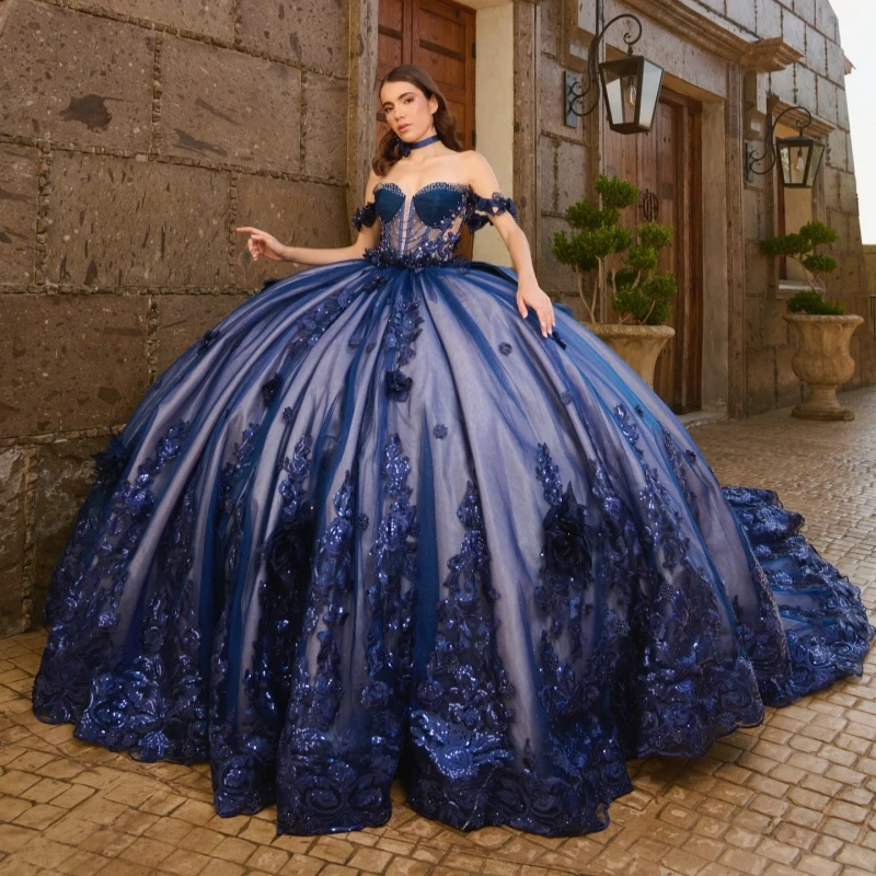

Navy Blue Shiny Quinceanera Dresses Off The Shoulder Applique Lace Beads Tull Bow Party Birthday Sweet 16 Dress Vestidos 15 De