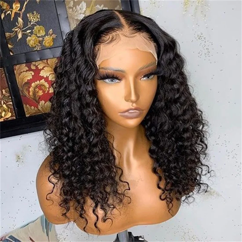 Peruca dianteira longa e encaracolada para mulheres, cabelo preto natural do bebê, resistente ao calor, sem cola, pré-arrancado diariamente, 26 ", 180Density