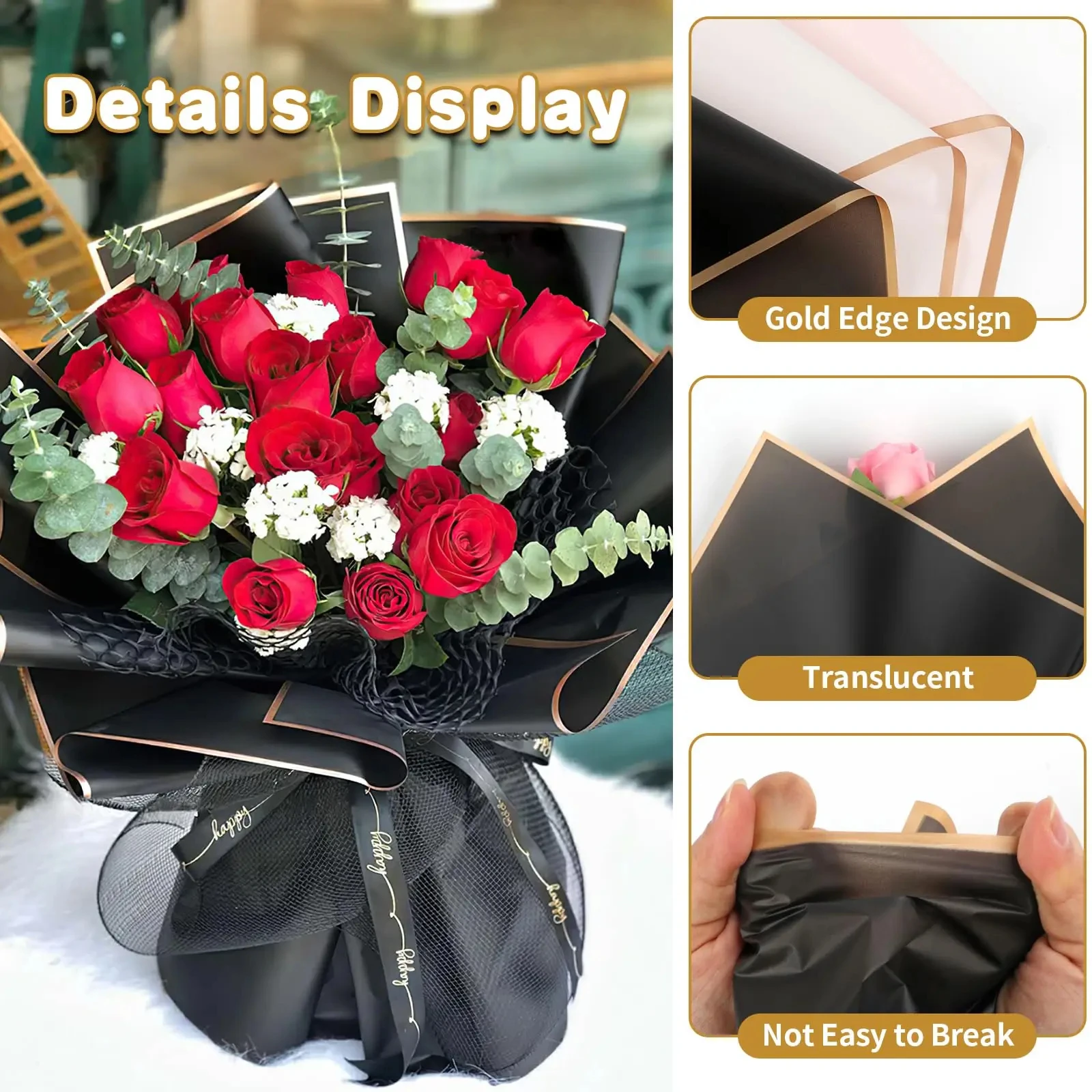 Florist Supply Paper - 20 Blatt schwarzes Blumenverpackungspapier mit goldenen